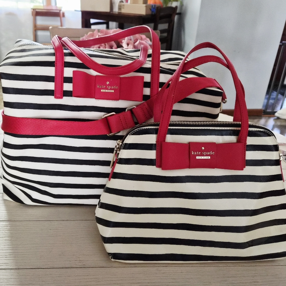 Kate Spade Black and White Striped Travel Bags with Red Details